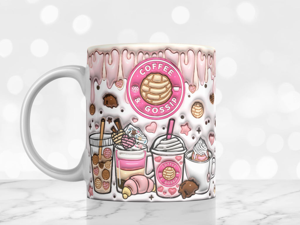 3D Inflated Coffee and Gossip Inflated Mug Wrap Design 11oz & 15oz, 3D Coffee Cups Puffy Mug Sublimation PNG, Mug Template For Sublimation