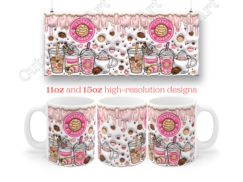3D Inflated Coffee and Gossip Inflated Mug Wrap Design 11oz & 15oz, 3D Coffee Cups Puffy Mug Sublimation PNG, Mug Template For Sublimation