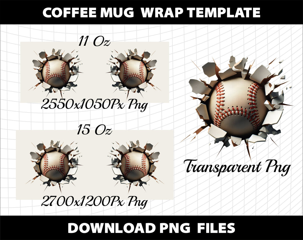 3d Baseball Coffee Cup Mug Wrap 11oz - 15oz Mugs Cliparts Sublimation Design PNG Template Download Digital File