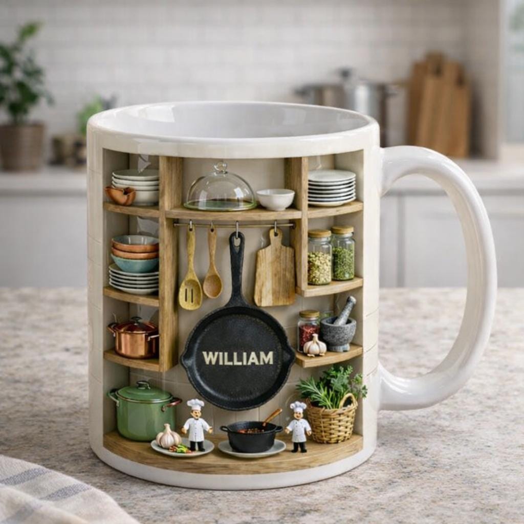 Personalized Chef Mug, Custom Name Kitchen Coffee Cup, 3D Cooking Shelf Design Gift for Dad Husband