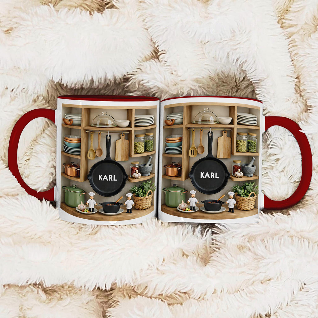 Personalized Chef Mug, Custom Name Kitchen Coffee Cup, 3D Cooking Shelf Design Gift for Dad Husband