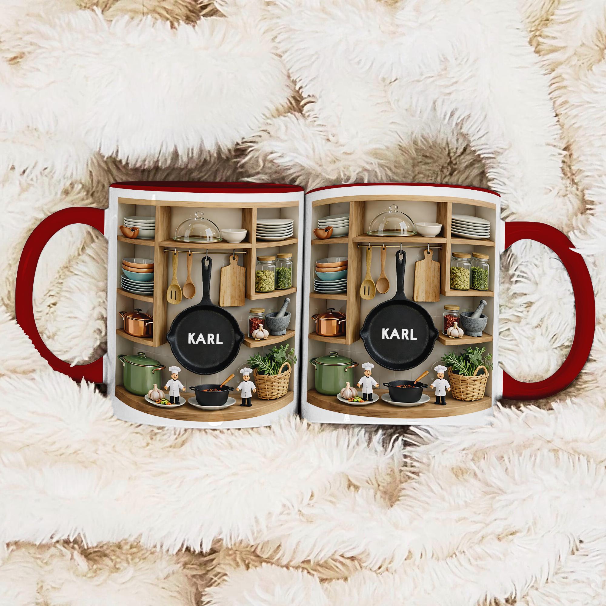 Personalized Chef Mug, Custom Name Kitchen Coffee Cup, 3D Cooking Shelf Design Gift for Dad Husband
