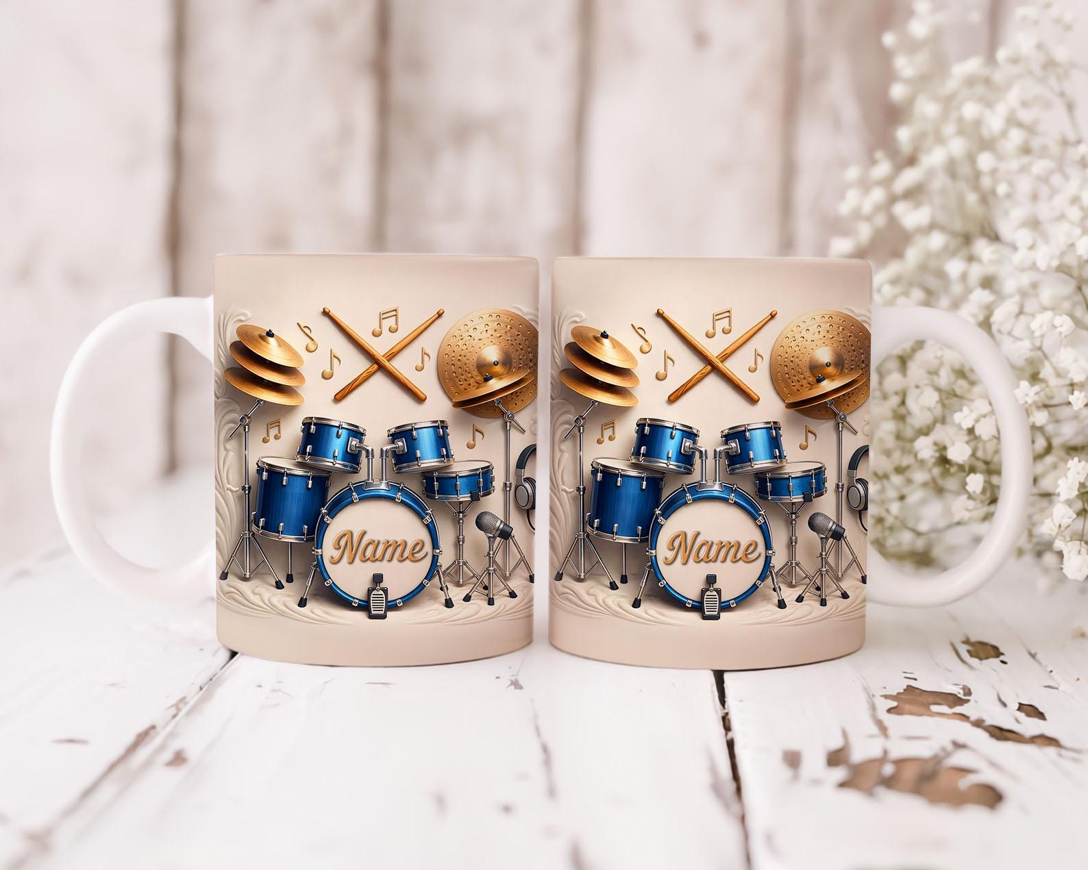DIGITAL FILE Custom Name Drummer Mug Wrap Png, Faux 3D Drum and Guitar 11oz Mug Wrap, Music Lover Coffee Mug, Gift for Music Rock Band Png