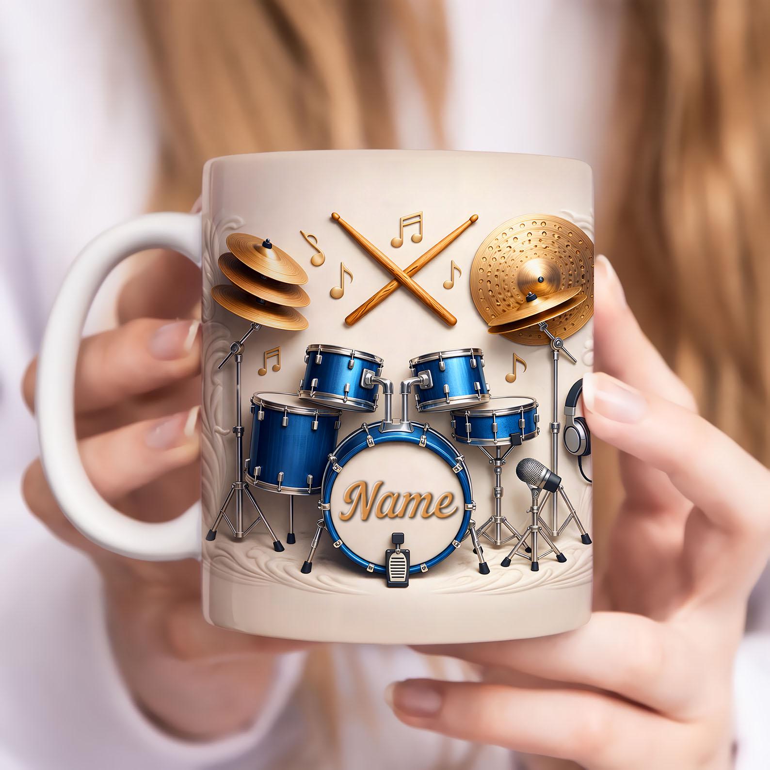 DIGITAL FILE Custom Name Drummer Mug Wrap Png, Faux 3D Drum and Guitar 11oz Mug Wrap, Music Lover Coffee Mug, Gift for Music Rock Band Png