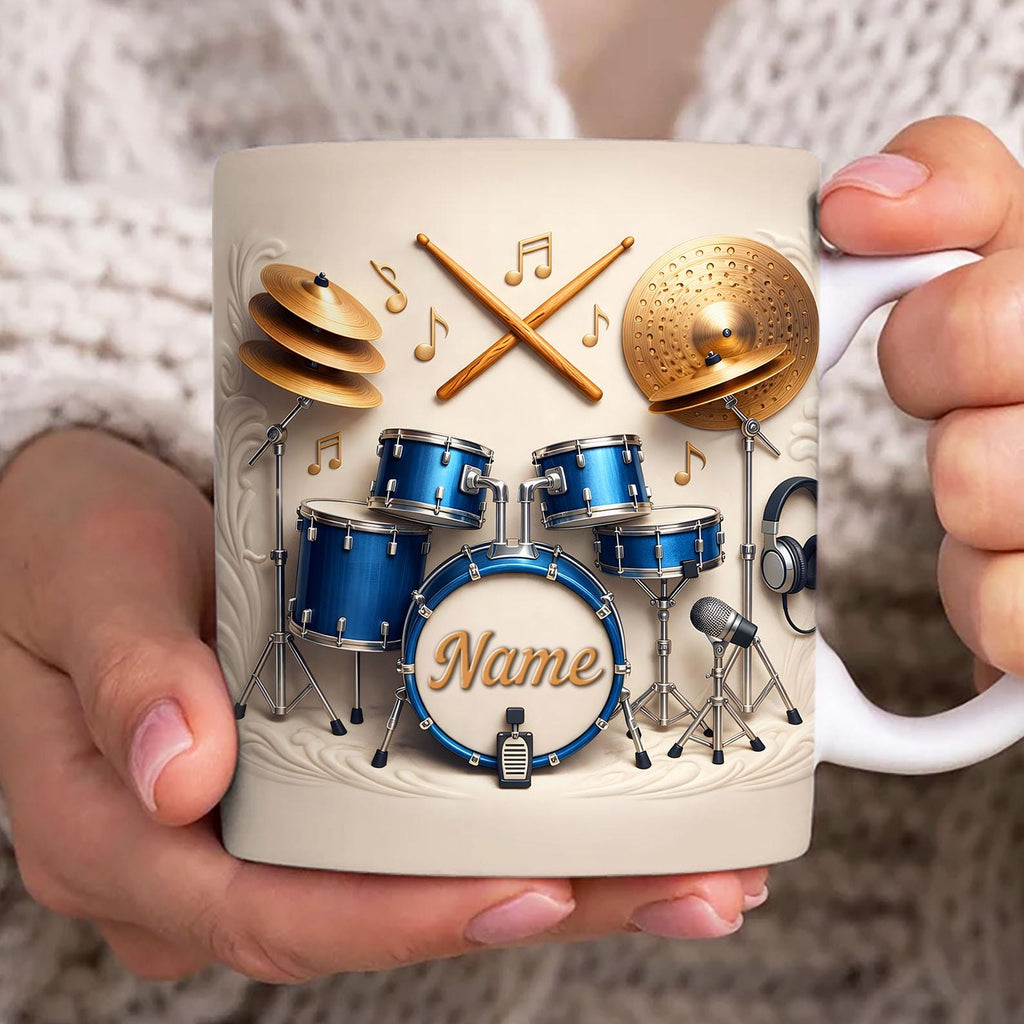 DIGITAL FILE Custom Name Drummer Mug Wrap Png, Faux 3D Drum and Guitar 11oz Mug Wrap, Music Lover Coffee Mug, Gift for Music Rock Band Png
