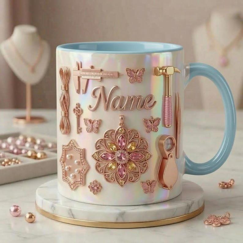 Jewelry Making Mug 3D, Handmade Jewelry Lover Mug, Custom Name Coffee Cup, Faux 3D Effect Mug