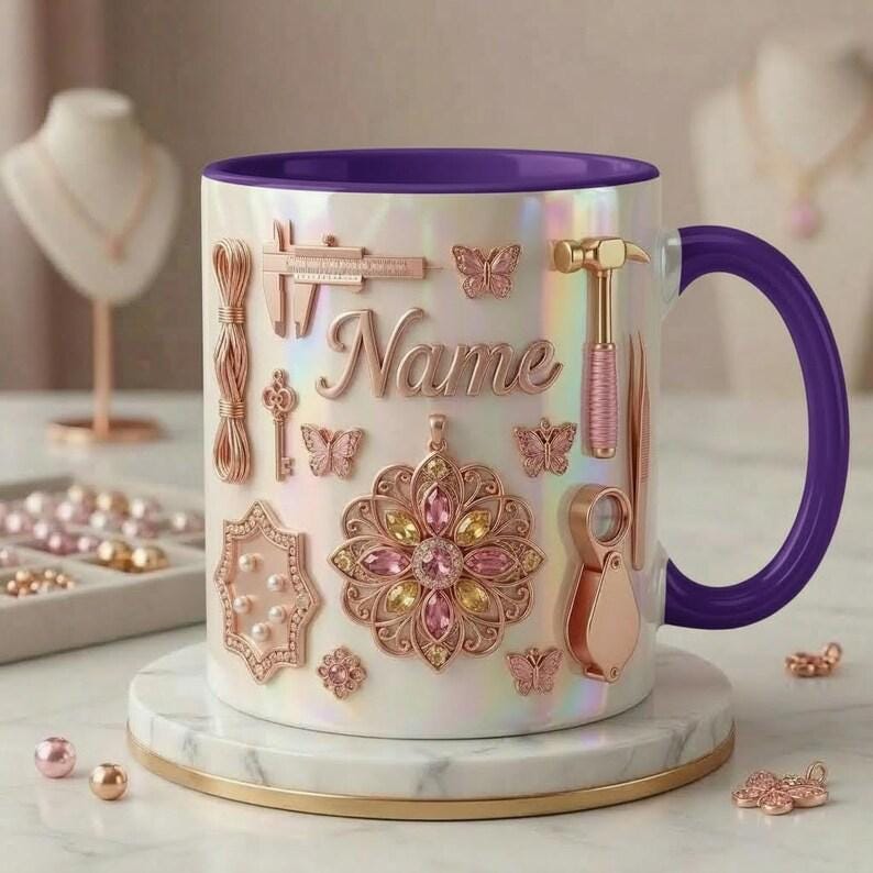 Jewelry Making Mug 3D, Handmade Jewelry Lover Mug, Custom Name Coffee Cup, Faux 3D Effect Mug