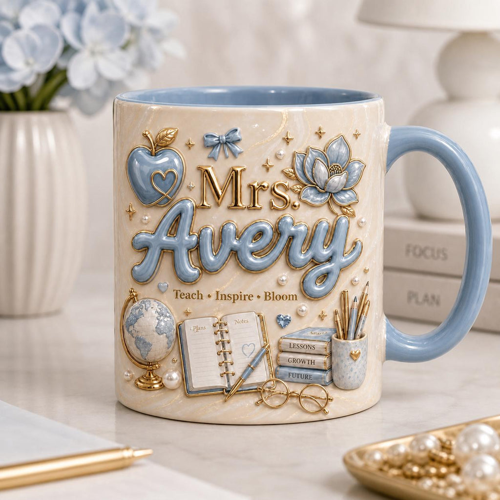 Personalized Teacher Name 3D Effect Coffee Mug, Custom Mr Mrs Teacher Mug, Apple Teacher Gift Cup, Back to School Teacher Gift for Him Her