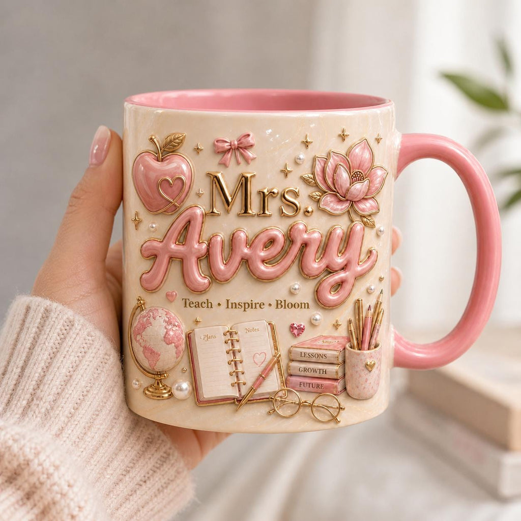 Personalized Teacher Name 3D Effect Coffee Mug, Custom Mr Mrs Teacher Mug, Apple Teacher Gift Cup, Back to School Teacher Gift for Him Her