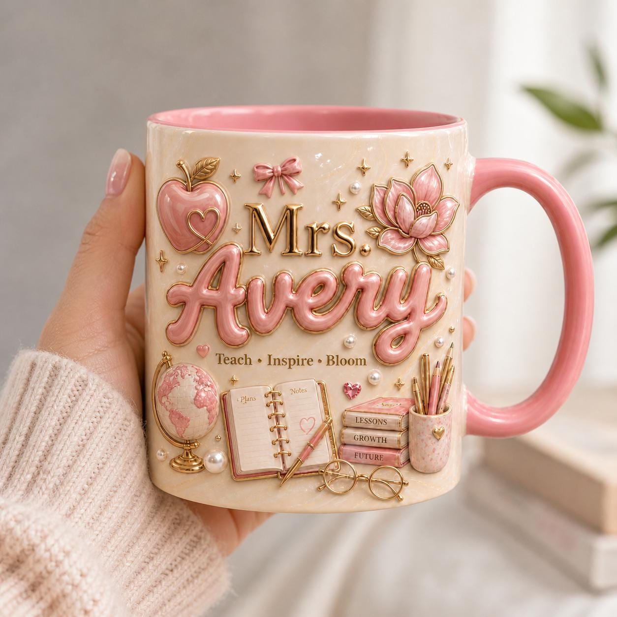 Personalized Teacher Name 3D Effect Coffee Mug, Custom Mr Mrs Teacher Mug, Apple Teacher Gift Cup, Back to School Teacher Gift for Him Her