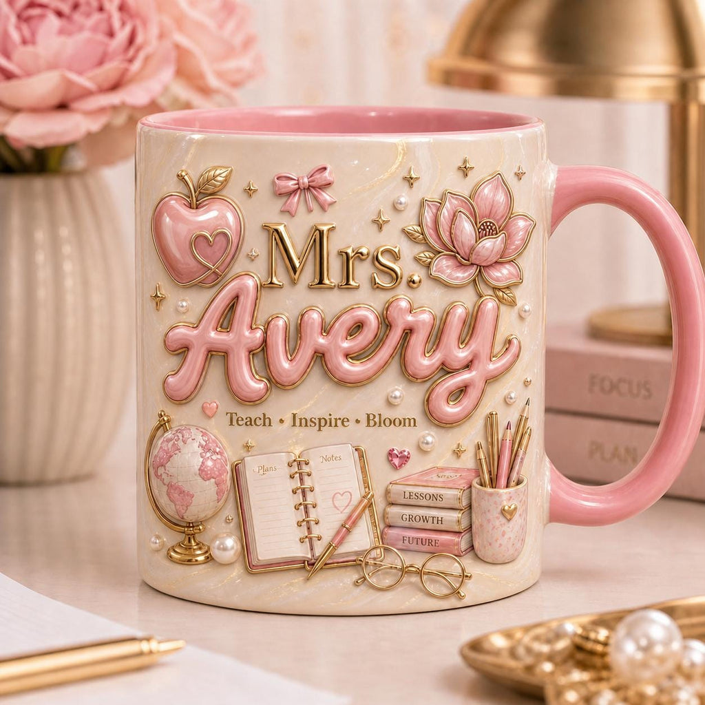 Personalized Teacher Name 3D Effect Coffee Mug, Custom Mr Mrs Teacher Mug, Apple Teacher Gift Cup, Back to School Teacher Gift for Him Her