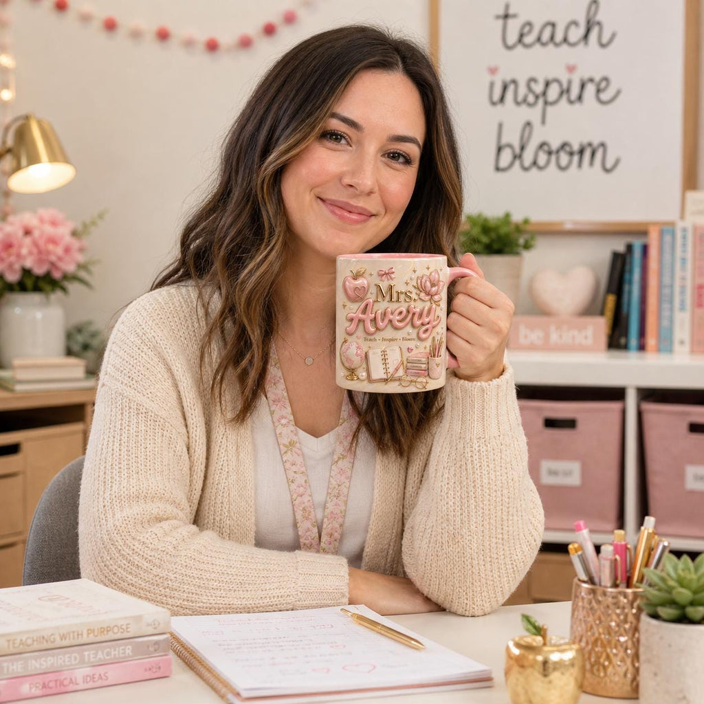 Personalized Teacher Name 3D Effect Coffee Mug, Custom Mr Mrs Teacher Mug, Apple Teacher Gift Cup, Back to School Teacher Gift for Him Her