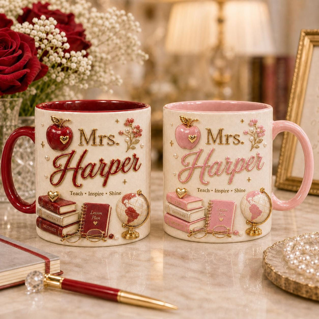 Personalized Teacher Name 3D Effect Coffee Mug, Custom Mr Mrs Teacher Mug, Back to School Gift for Him Her from Student Parents