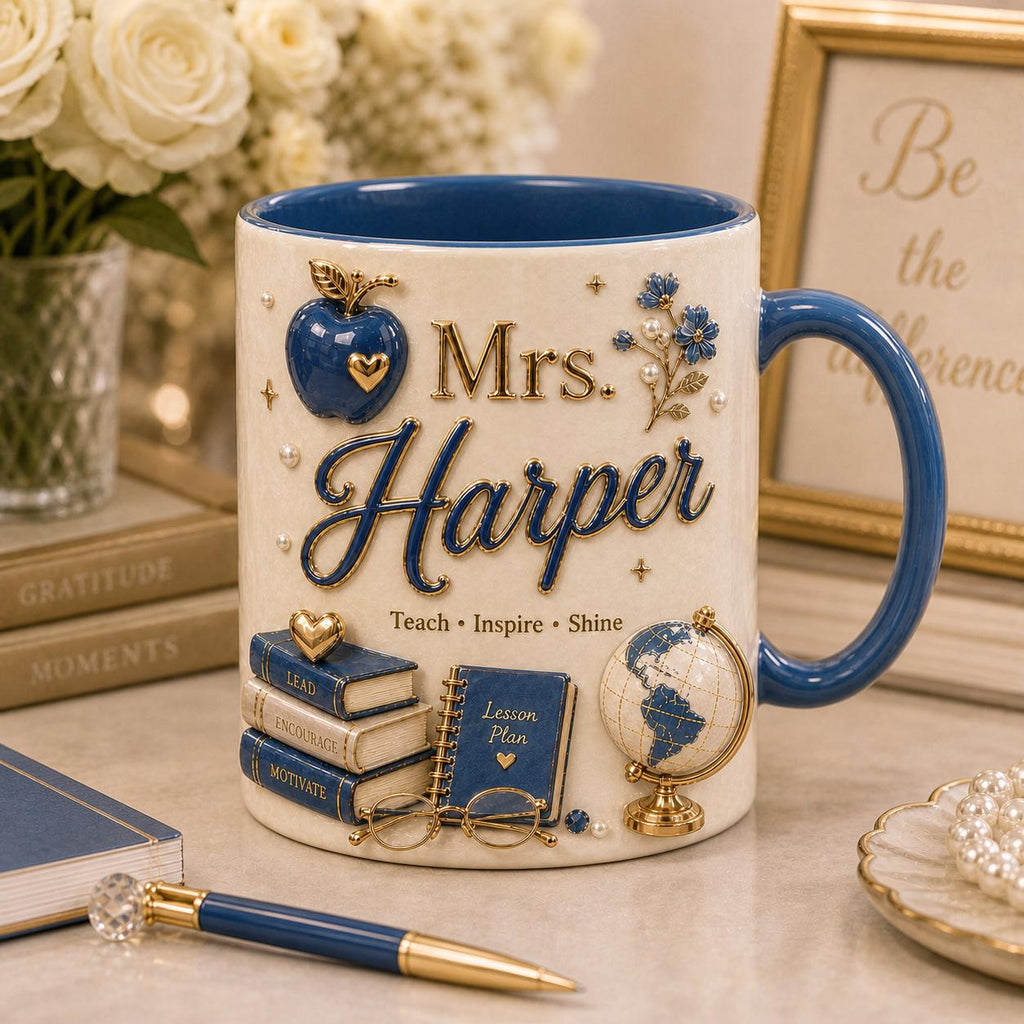 Personalized Teacher Name 3D Effect Coffee Mug, Custom Mr Mrs Teacher Mug, Back to School Gift for Him Her from Student Parents