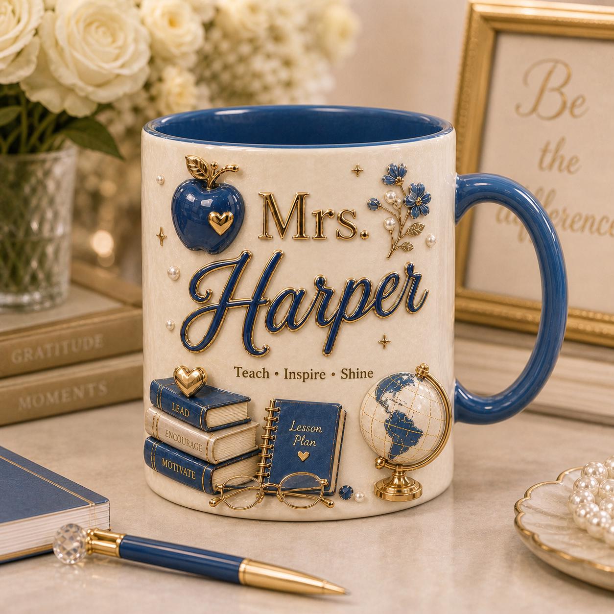 Personalized Teacher Name 3D Effect Coffee Mug, Custom Mr Mrs Teacher Mug, Back to School Gift for Him Her from Student Parents
