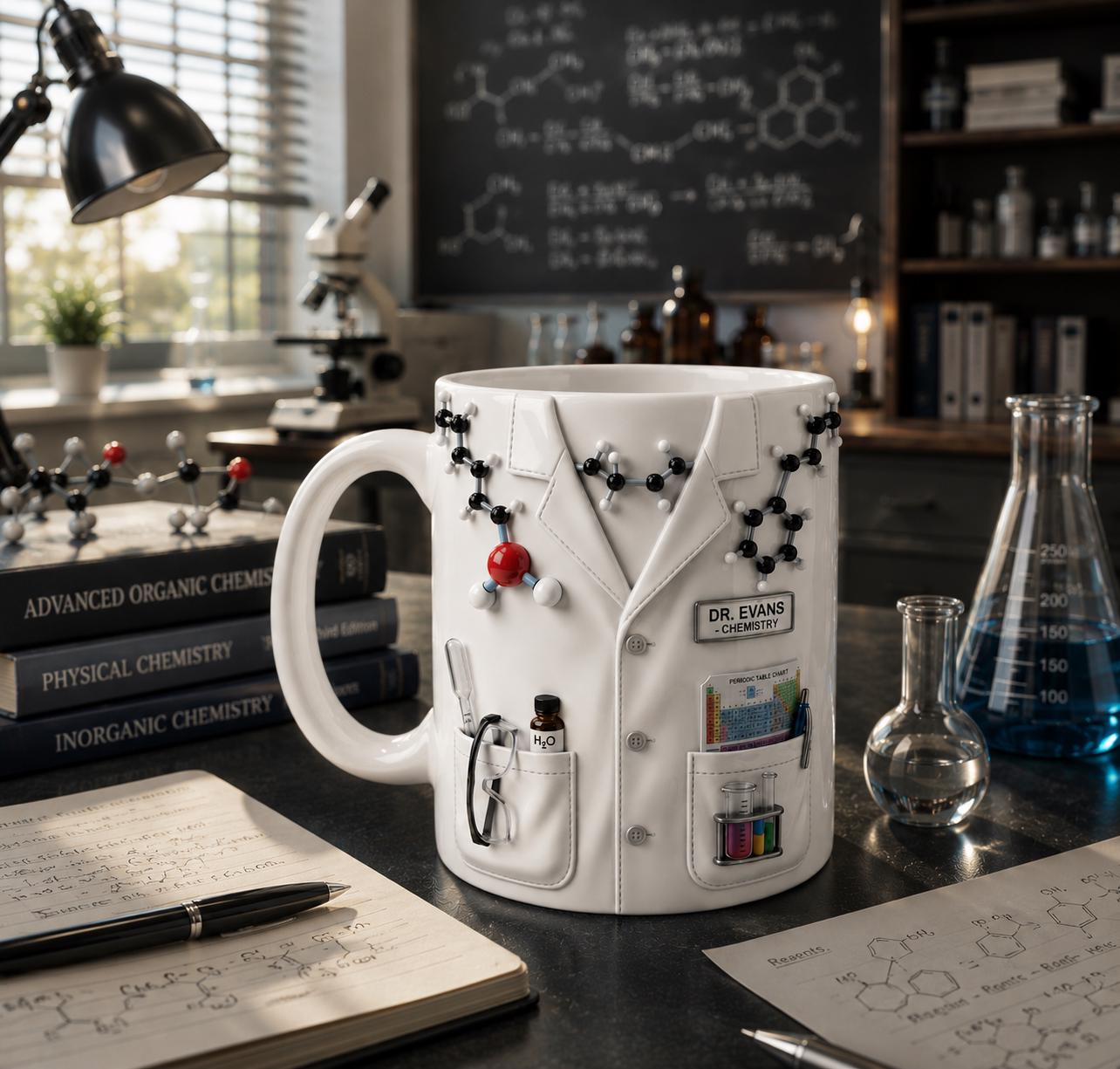 Personalized Chemist Mug with Name, Custom Lab Coat Coffee Cup, 3D Effect Science Teacher Gift, PhD Graduation Present,Pharmacist Doctor Cup