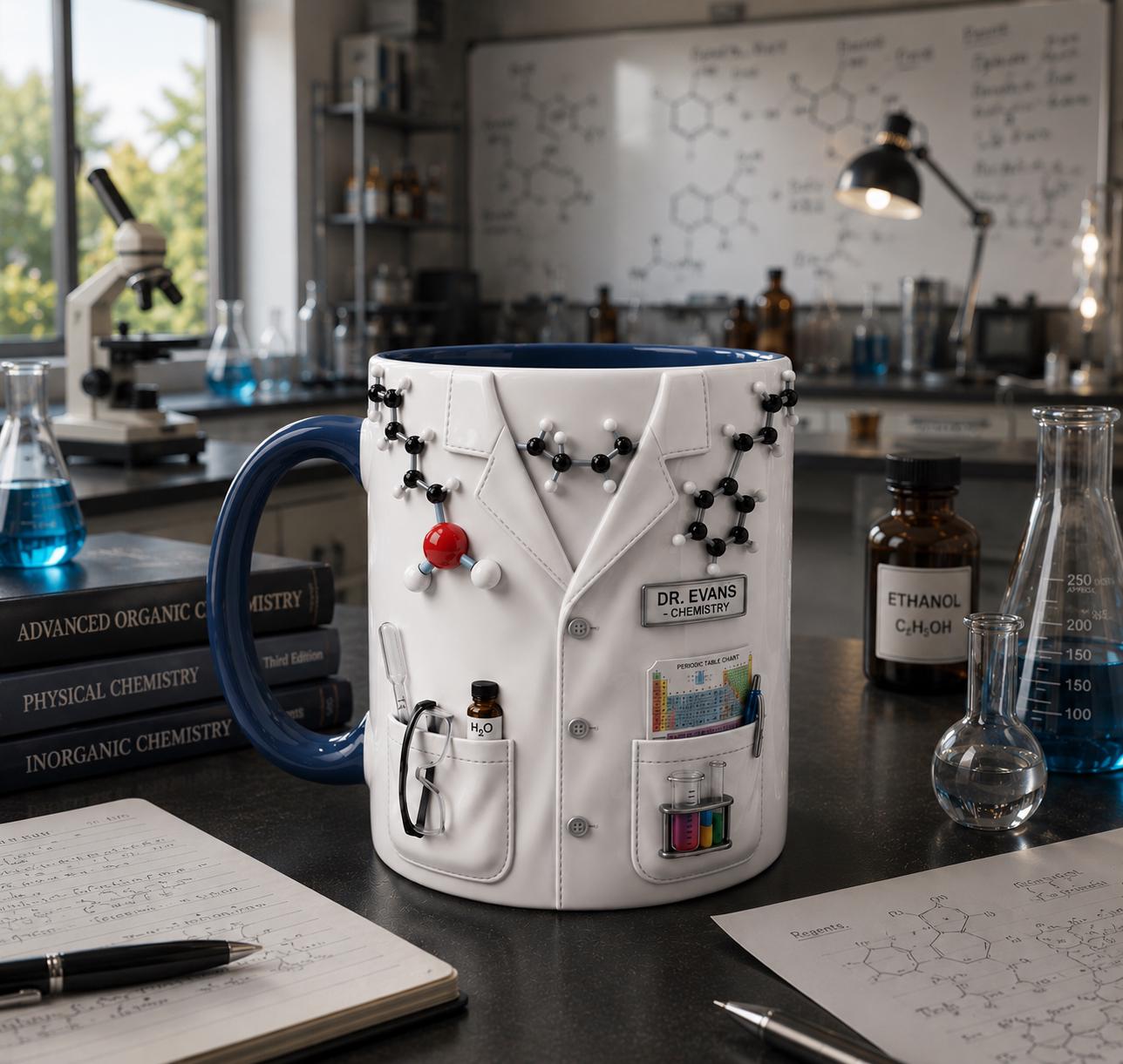 Personalized Chemist Mug with Name, Custom Lab Coat Coffee Cup, 3D Effect Science Teacher Gift, PhD Graduation Present,Pharmacist Doctor Cup