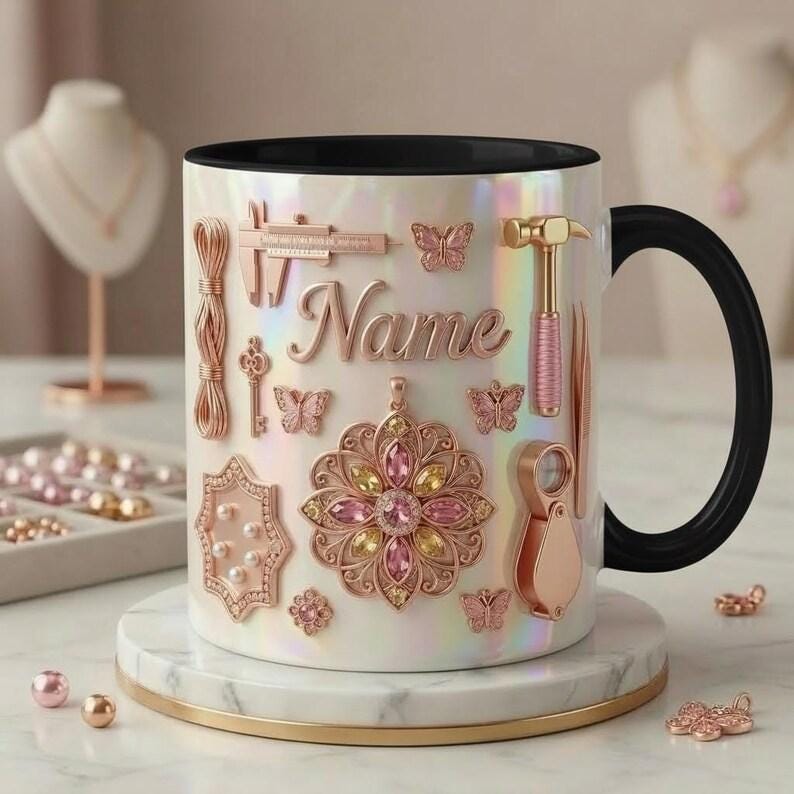 Jewelry Making Mug 3D, Handmade Jewelry Lover Mug, Custom Name Coffee Cup, Faux 3D Effect Mug