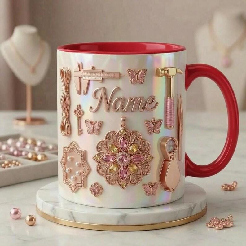 Jewelry Making Mug 3D, Handmade Jewelry Lover Mug, Custom Name Coffee Cup, Faux 3D Effect Mug