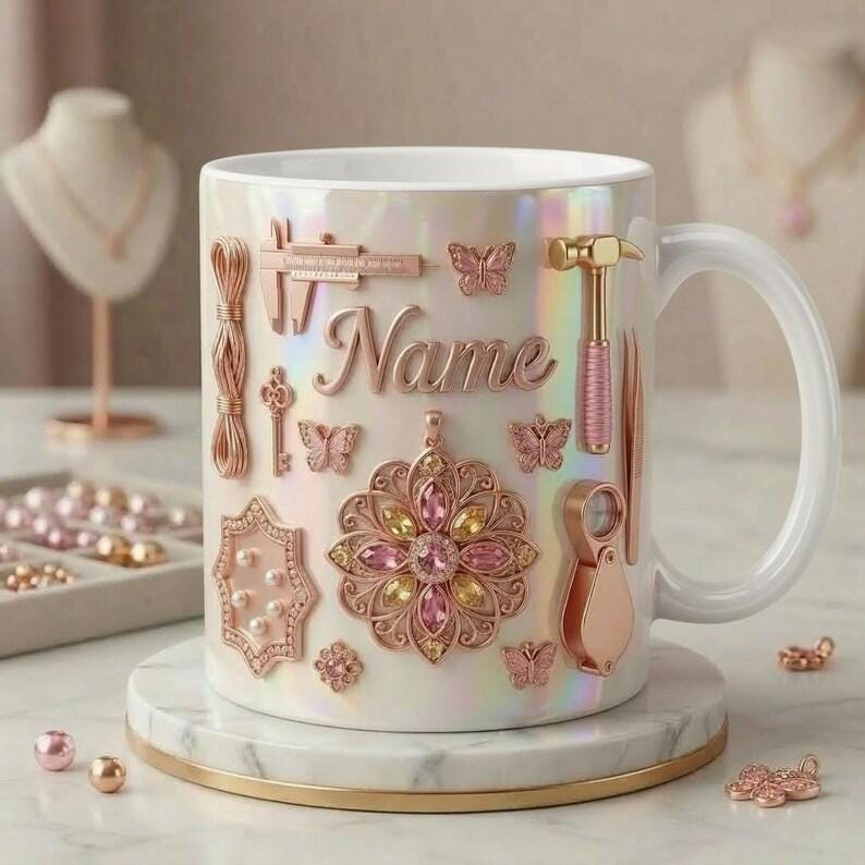 Jewelry Making Mug 3D, Handmade Jewelry Lover Mug, Custom Name Coffee Cup, Faux 3D Effect Mug