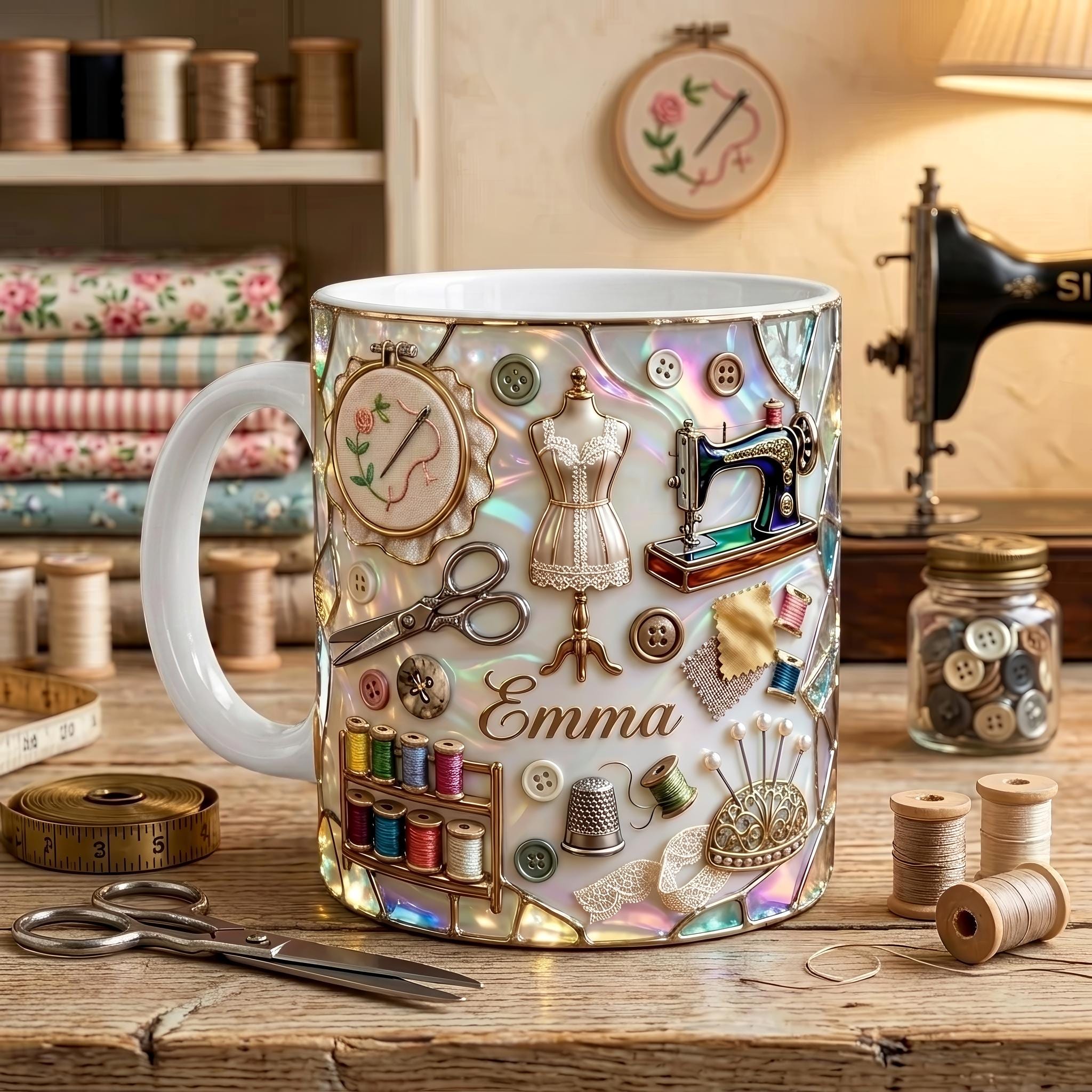 Personalized Sewing Mug, 3D Optical Illusion Craft Tools Coffee Cup, Seamstress Gift