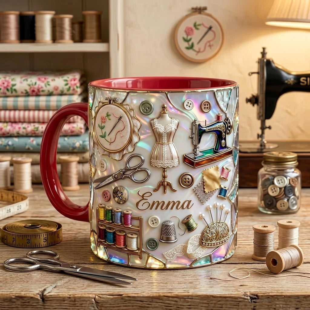 Personalized Sewing Mug, 3D Optical Illusion Craft Tools Coffee Cup, Seamstress Gift