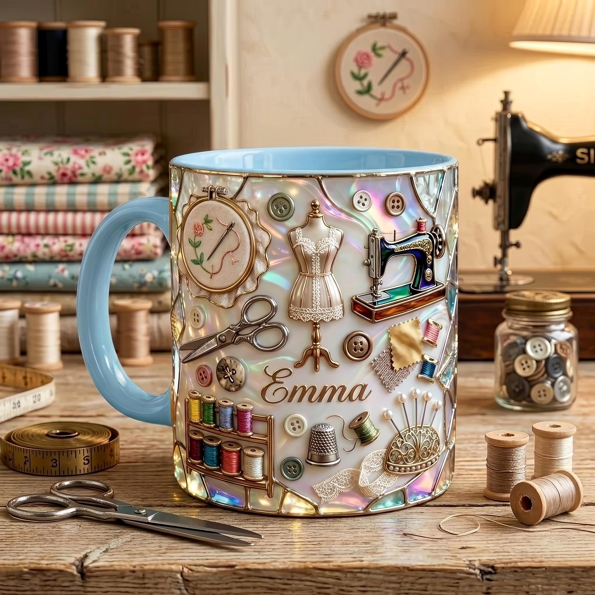 Personalized Sewing Mug, 3D Optical Illusion Craft Tools Coffee Cup, Seamstress Gift
