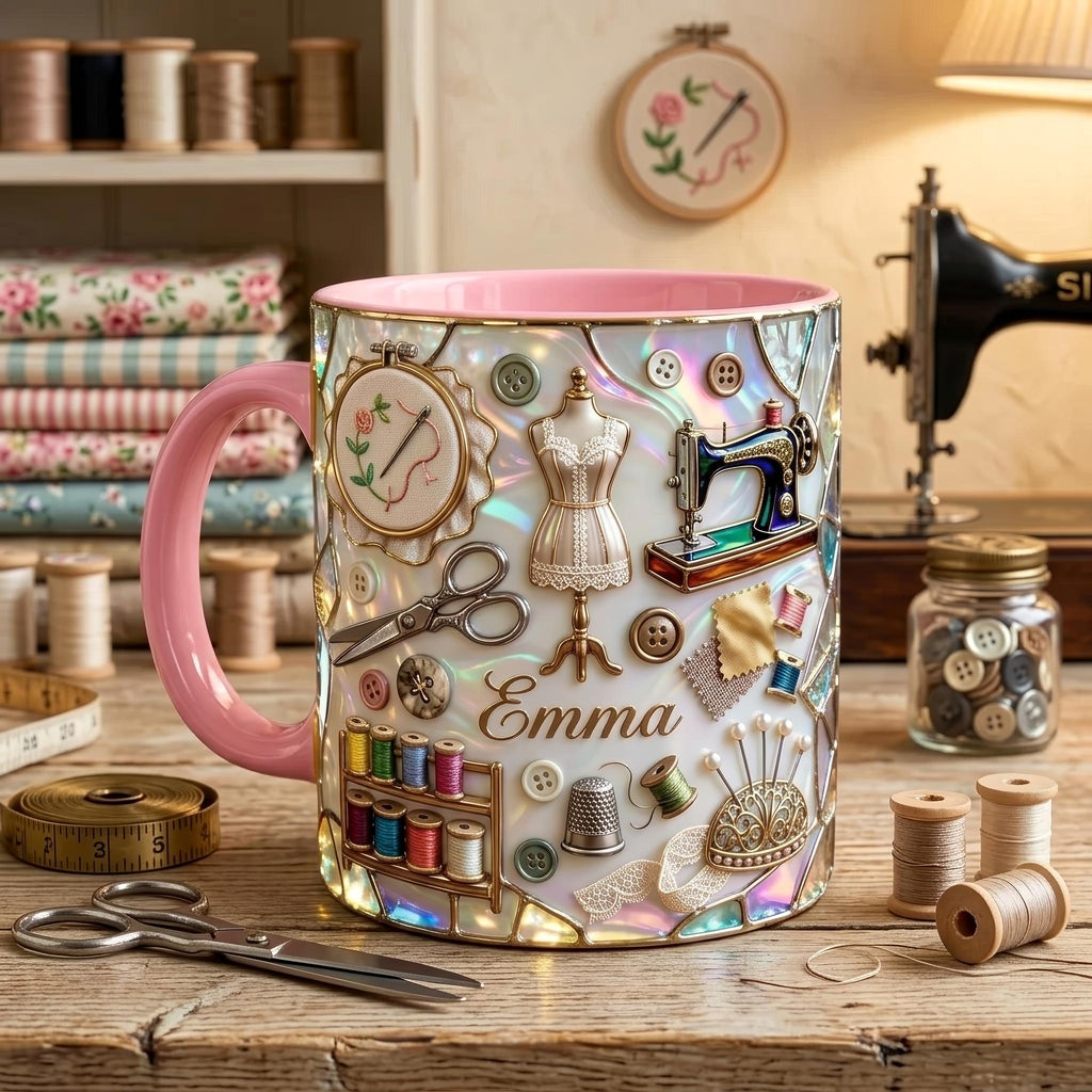 Personalized Sewing Mug, 3D Optical Illusion Craft Tools Coffee Cup, Seamstress Gift