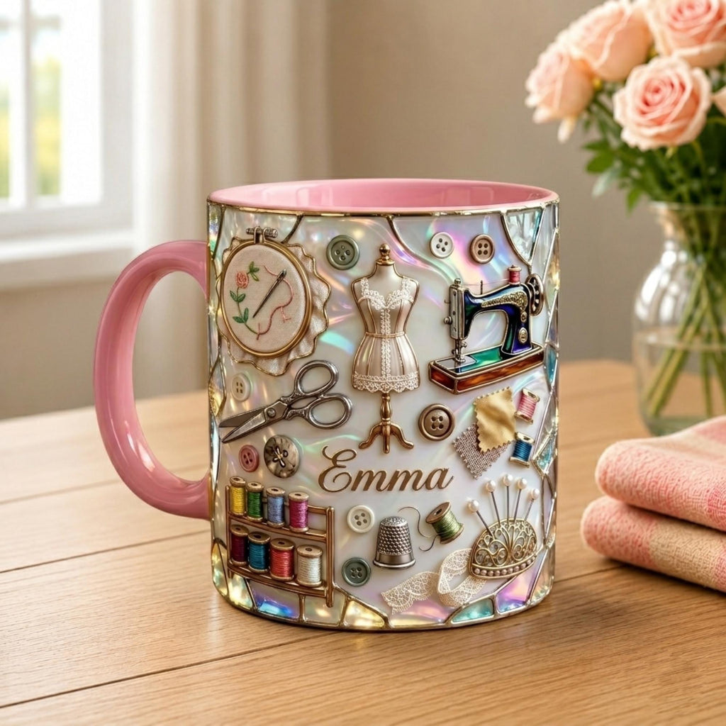 Personalized Sewing Mug, 3D Optical Illusion Craft Tools Coffee Cup, Seamstress Gift