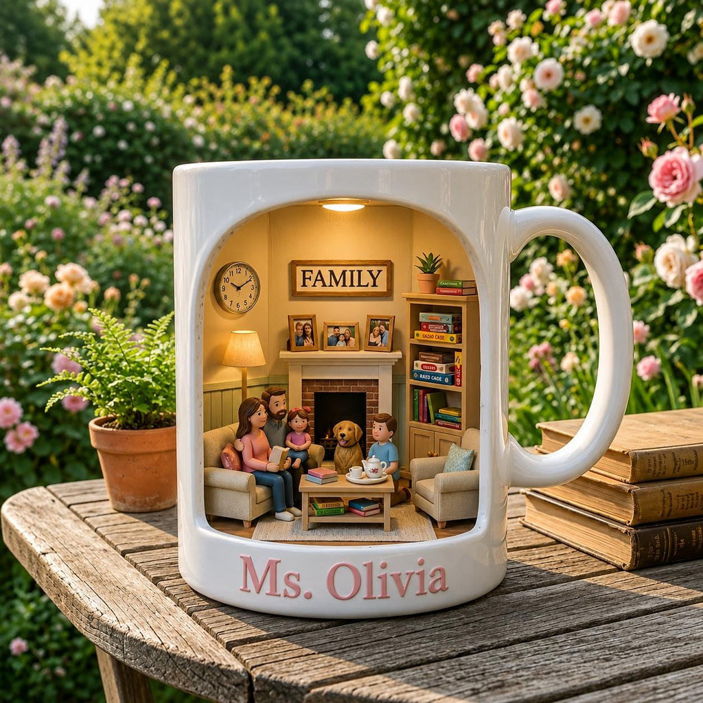 Personalized Family Mug,Custom Name Coffee Cup,Cozy Miniature Home Scene Design,Unique Gift for Mom Grandma,Warm Family Gathering CeramicCup