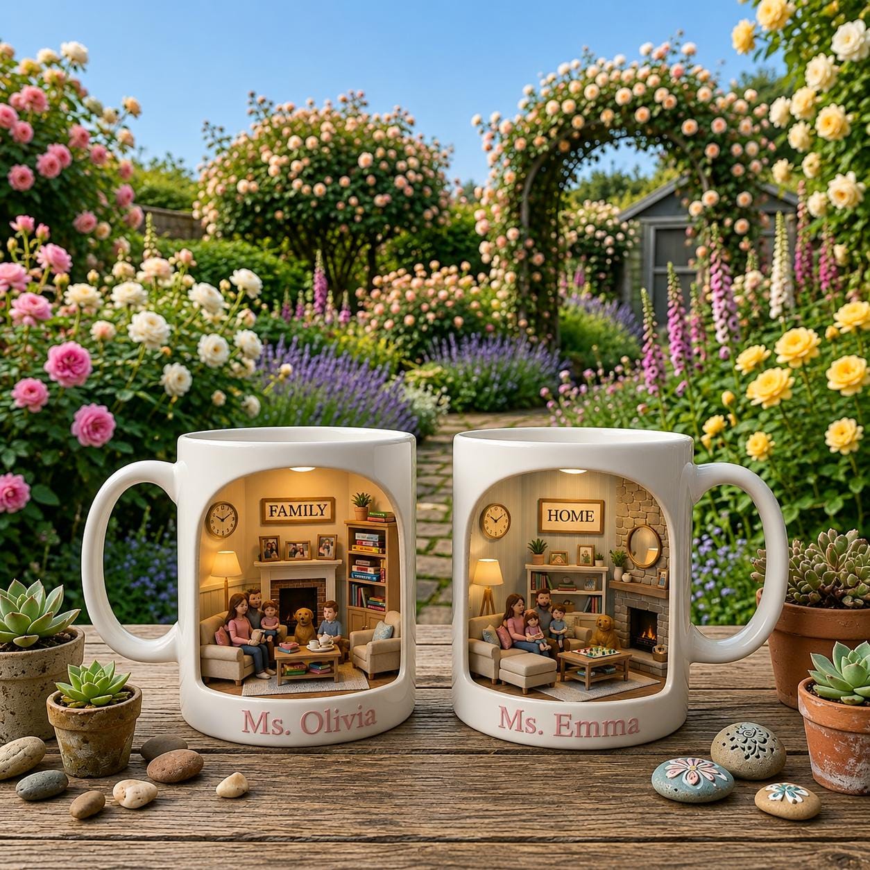 Personalized Family Mug,Custom Name Coffee Cup,Cozy Miniature Home Scene Design,Unique Gift for Mom Grandma,Warm Family Gathering CeramicCup