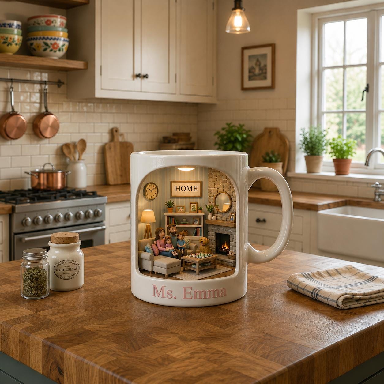Personalized Family Mug,Custom Name Coffee Cup,Cozy Miniature Home Scene Design,Unique Gift for Mom Grandma,Warm Family Gathering CeramicCup