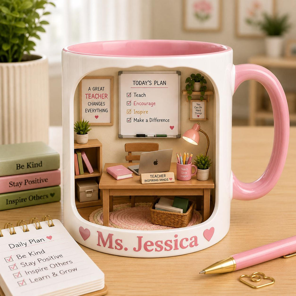 Personalized Teacher Mug, Custom Name Mug, Cute Miniature Classroom 3D effects Mug, Back To School Teacher Gift, Teacher Gift for Women
