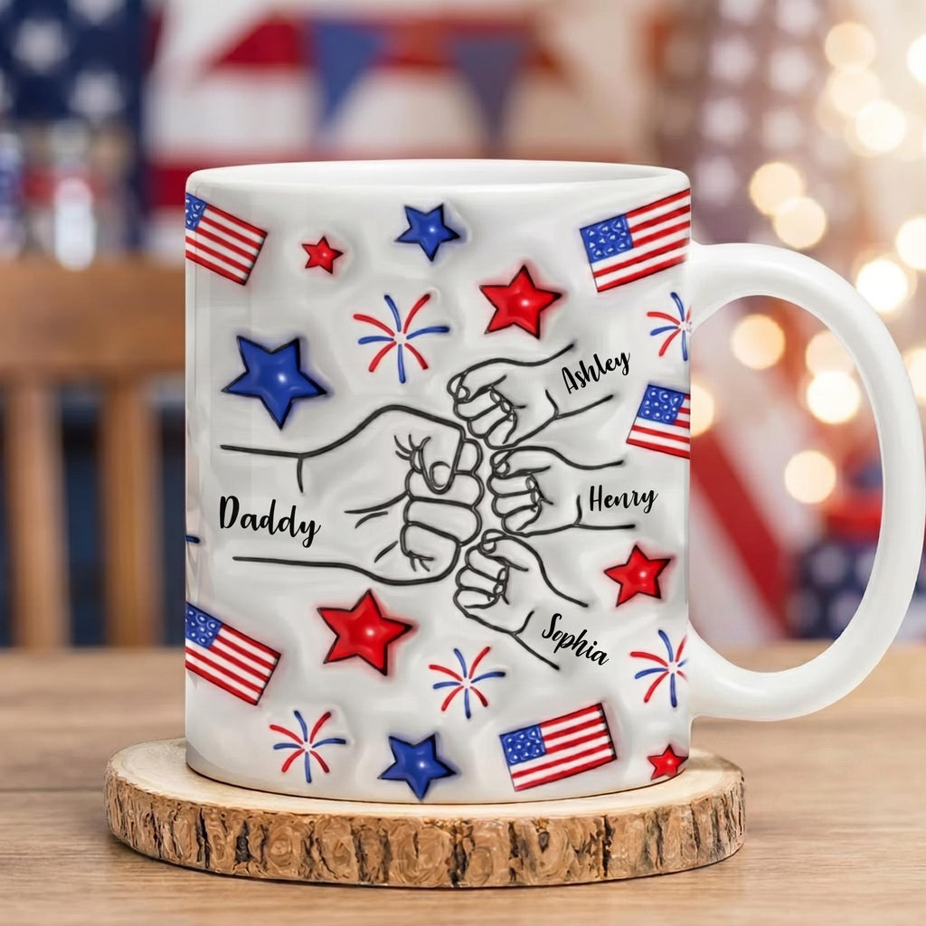 Proud Dad Grandpa 4th of July Mug, Personalized Fist Bump Coffee Mug, Custom USA Flag 3D Inflated Effect Mug, Patriotic Gift for Dad Grandpa