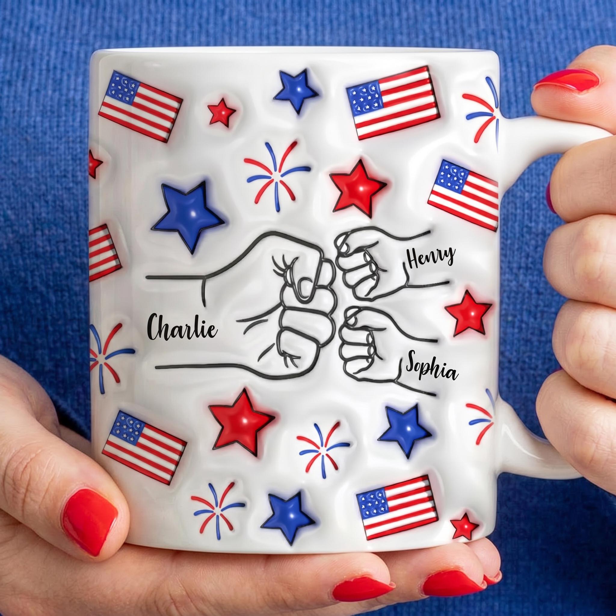 Proud Dad Grandpa 4th of July Mug, Personalized Fist Bump Coffee Mug, Custom USA Flag 3D Inflated Effect Mug, Patriotic Gift for Dad Grandpa