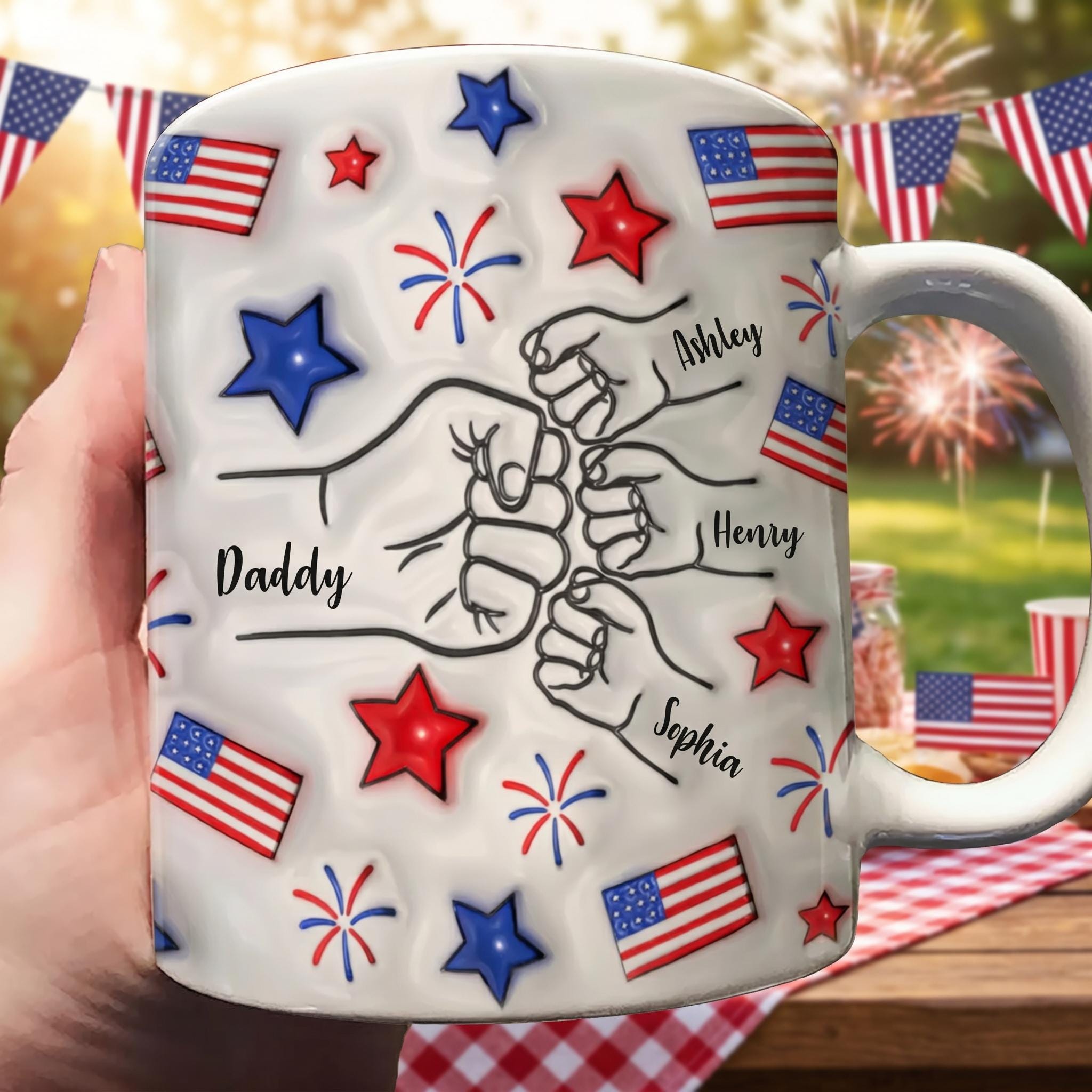Proud Dad Grandpa 4th of July Mug, Personalized Fist Bump Coffee Mug, Custom USA Flag 3D Inflated Effect Mug, Patriotic Gift for Dad Grandpa