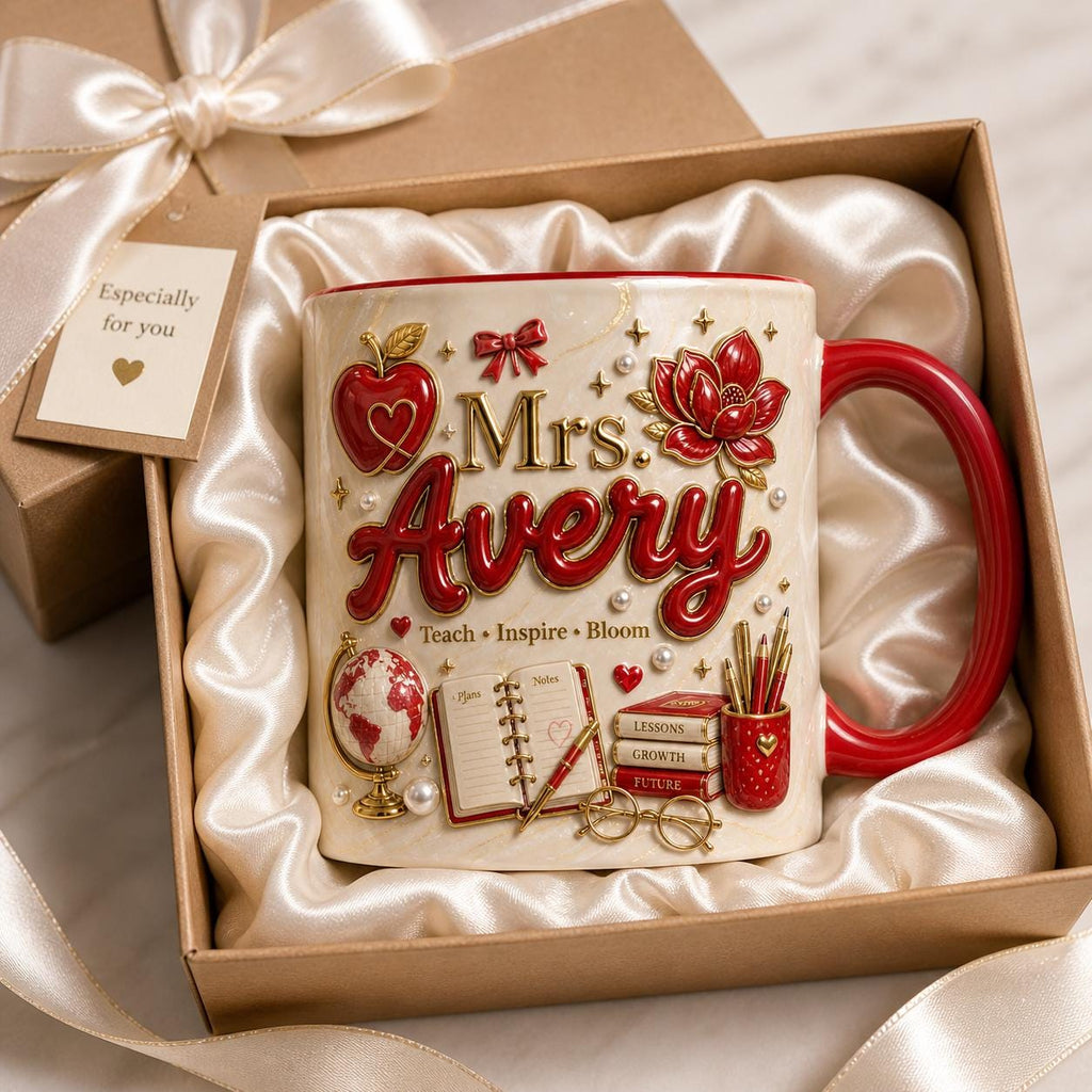 Personalized Teacher Name 3D Effect Coffee Mug, Custom Mr Mrs Teacher Mug, Apple Teacher Gift Cup, Back to School Teacher Gift for Him Her
