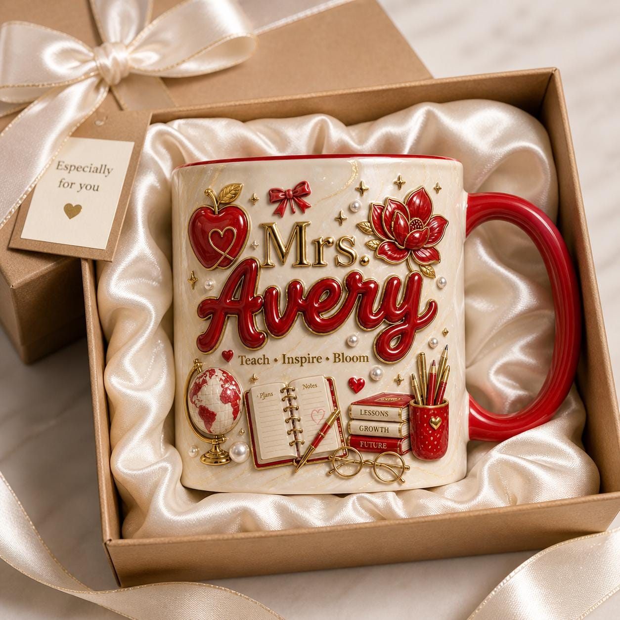 Personalized Teacher Name 3D Effect Coffee Mug, Custom Mr Mrs Teacher Mug, Apple Teacher Gift Cup, Back to School Teacher Gift for Him Her