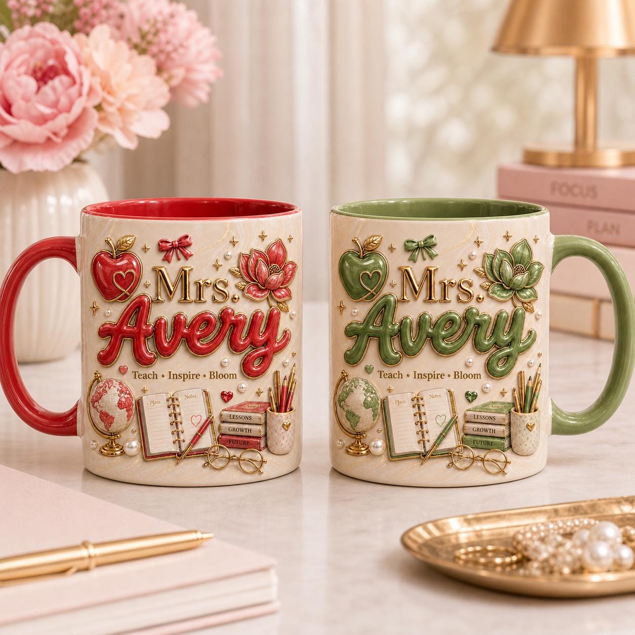 Personalized Teacher Name 3D Effect Coffee Mug, Custom Mr Mrs Teacher Mug, Apple Teacher Gift Cup, Back to School Teacher Gift for Him Her