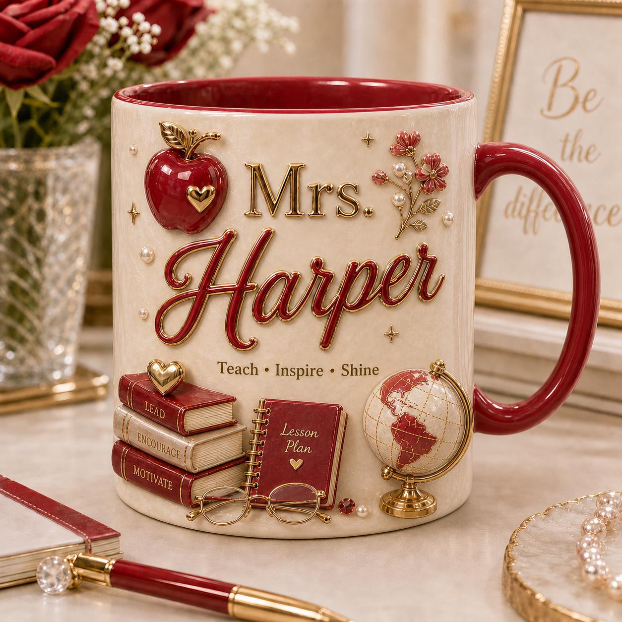 Personalized Teacher Name 3D Effect Coffee Mug, Custom Mr Mrs Teacher Mug, Back to School Gift for Him Her from Student Parents