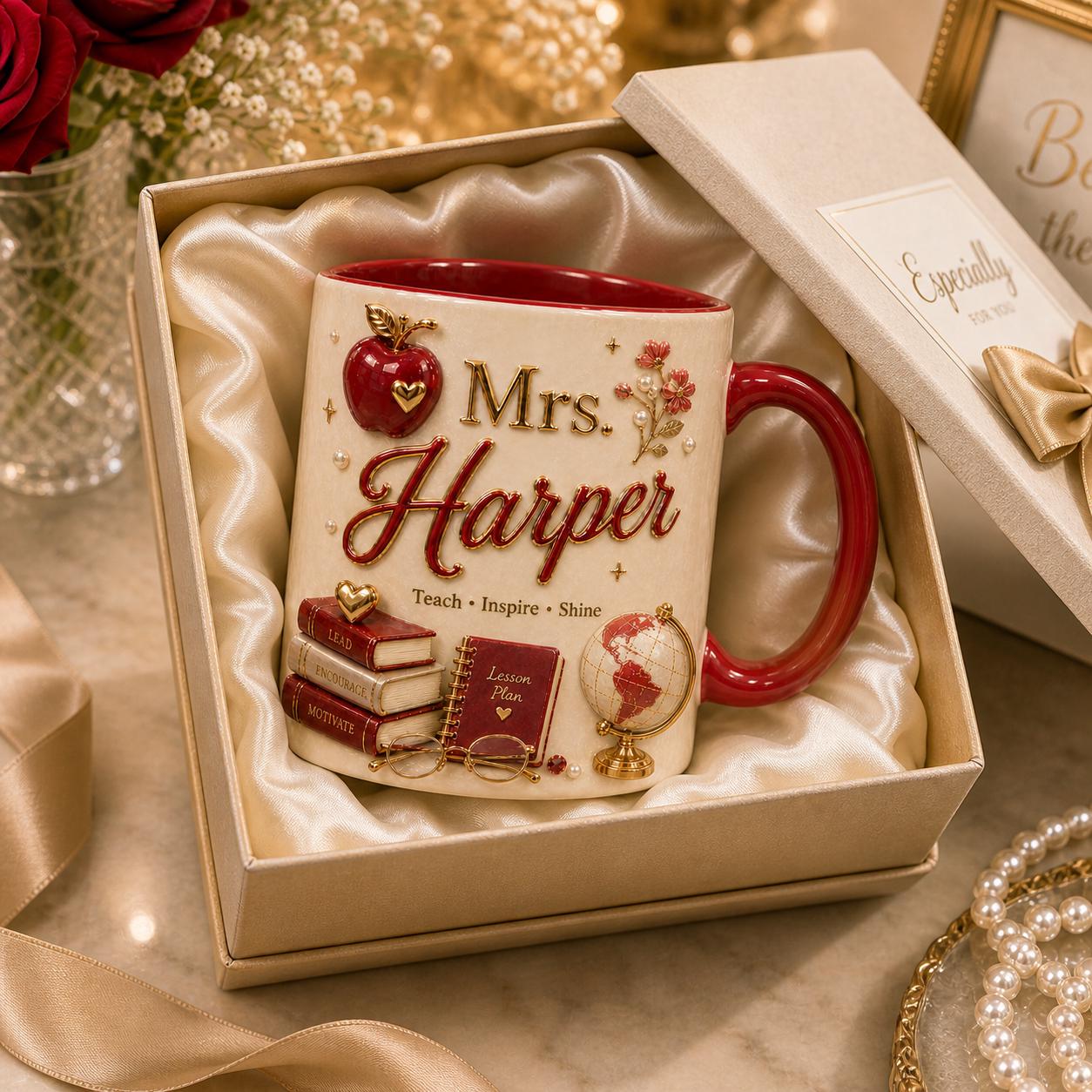 Personalized Teacher Name 3D Effect Coffee Mug, Custom Mr Mrs Teacher Mug, Back to School Gift for Him Her from Student Parents