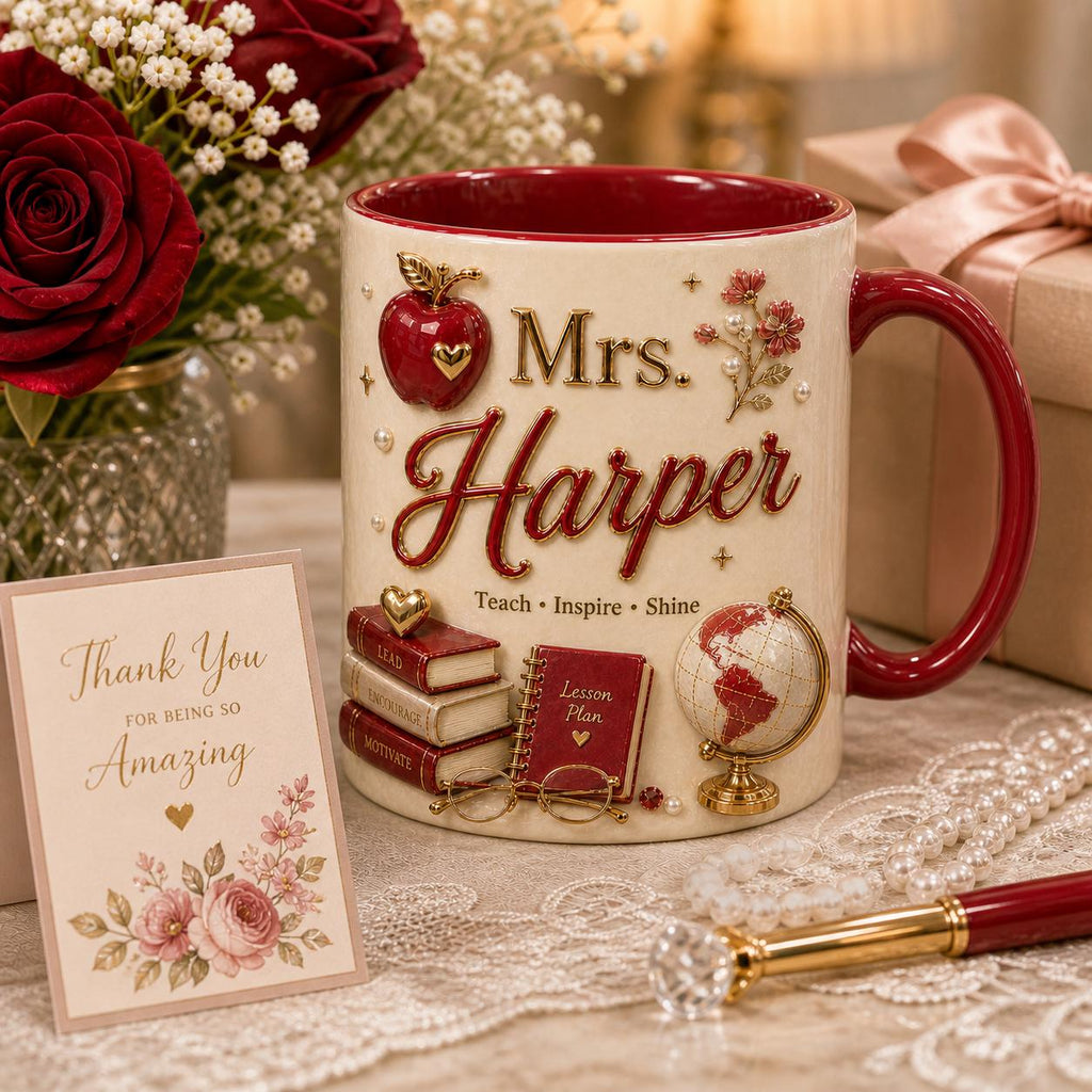 Personalized Teacher Name 3D Effect Coffee Mug, Custom Mr Mrs Teacher Mug, Back to School Gift for Him Her from Student Parents
