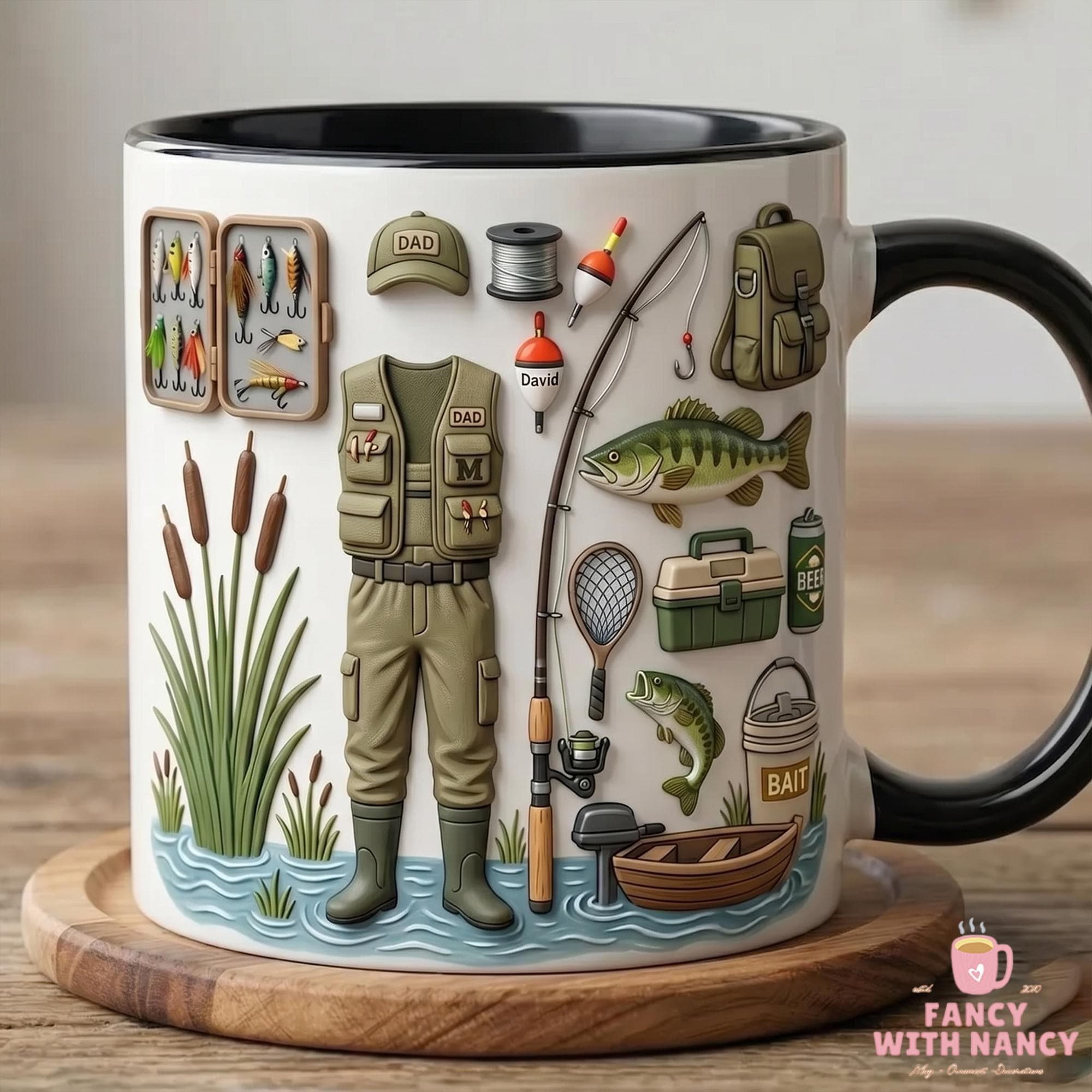 Personalize Dad Fishing Lures 3D Effect Mug, Custom Kid Name Mug, Father's Day Gift, Fishing Lover Coffee Cup, Daddy's Birthday Gift