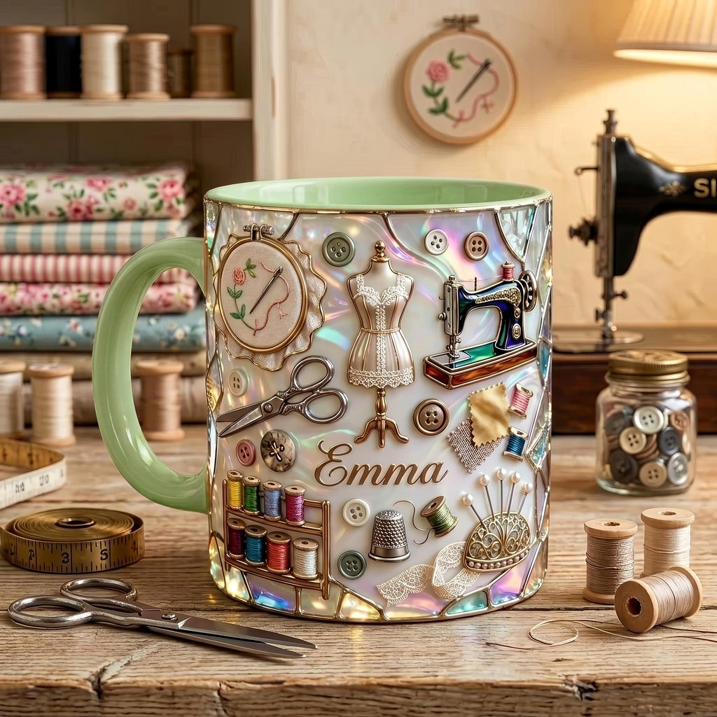 Personalized Sewing Mug, 3D Optical Illusion Craft Tools Coffee Cup, Seamstress Gift