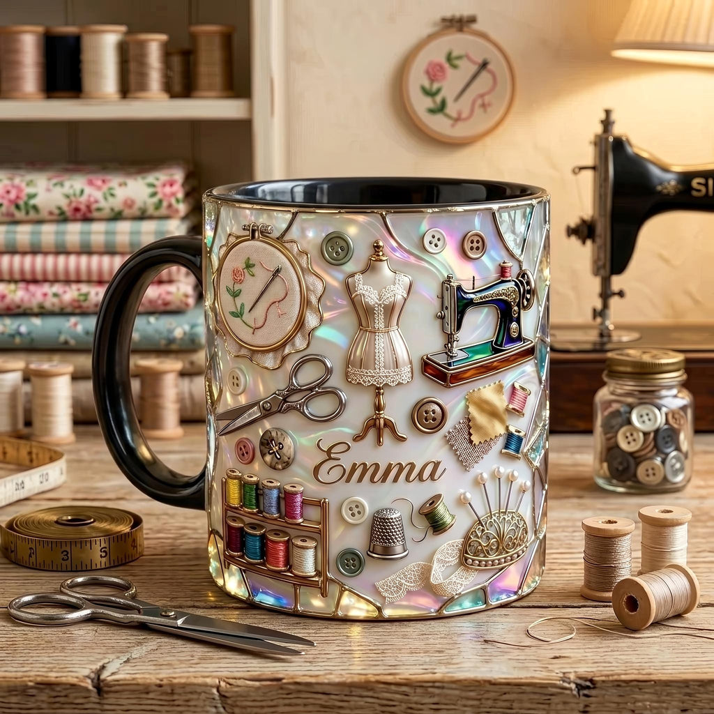 Personalized Sewing Mug, 3D Optical Illusion Craft Tools Coffee Cup, Seamstress Gift