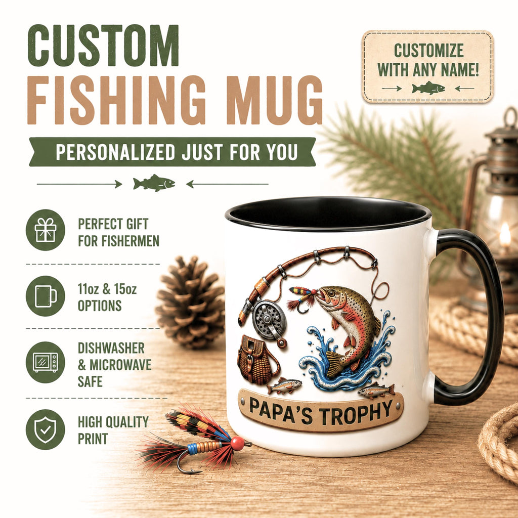 Fishing Mug for Dad, Fishing Lover Gift for Dad Coffee Mug Personalized Papa's Trophy Dad Husband, Camping and Hiking Outdoors Gifts