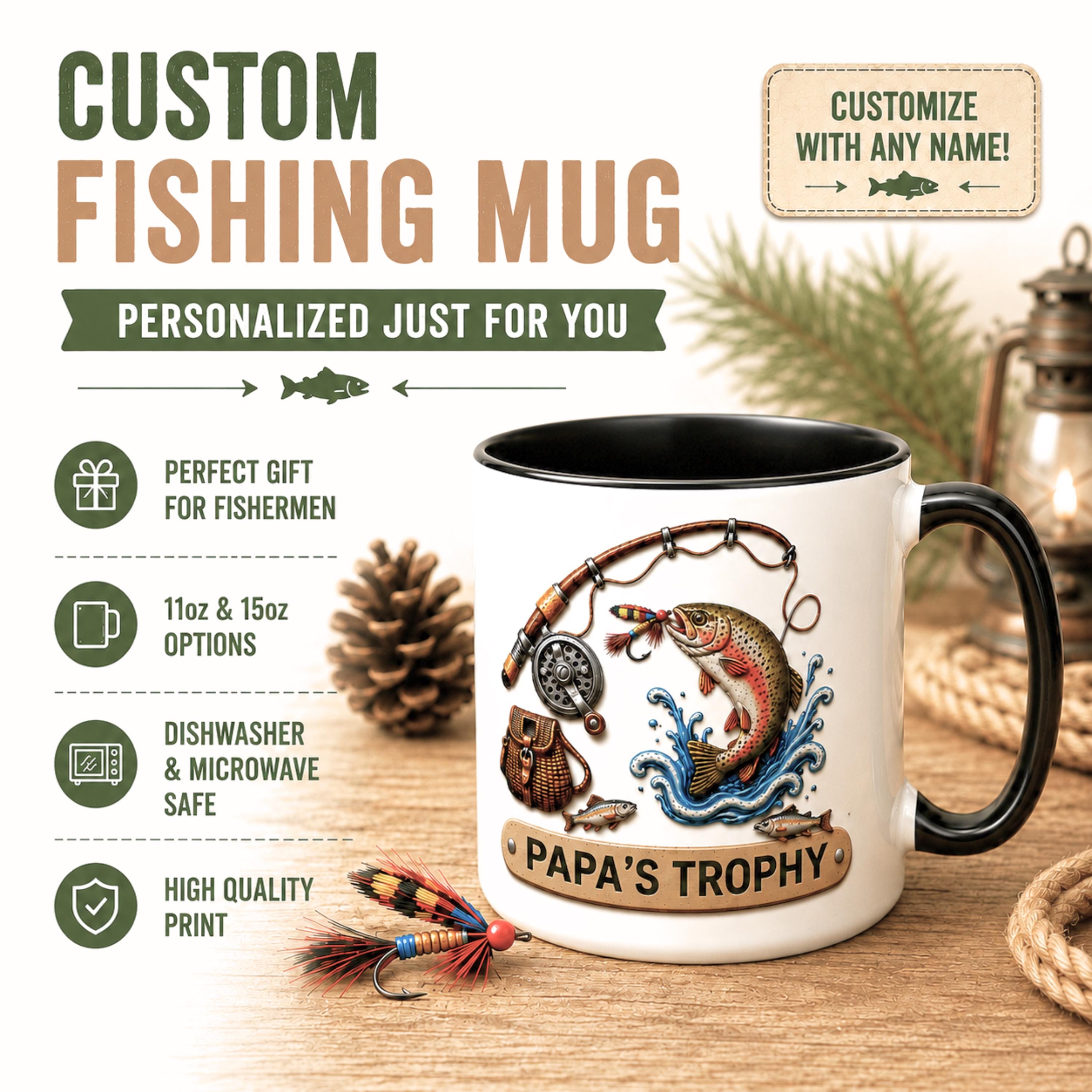 Fishing Mug for Dad, Fishing Lover Gift for Dad Coffee Mug Personalized Papa's Trophy Dad Husband, Camping and Hiking Outdoors Gifts