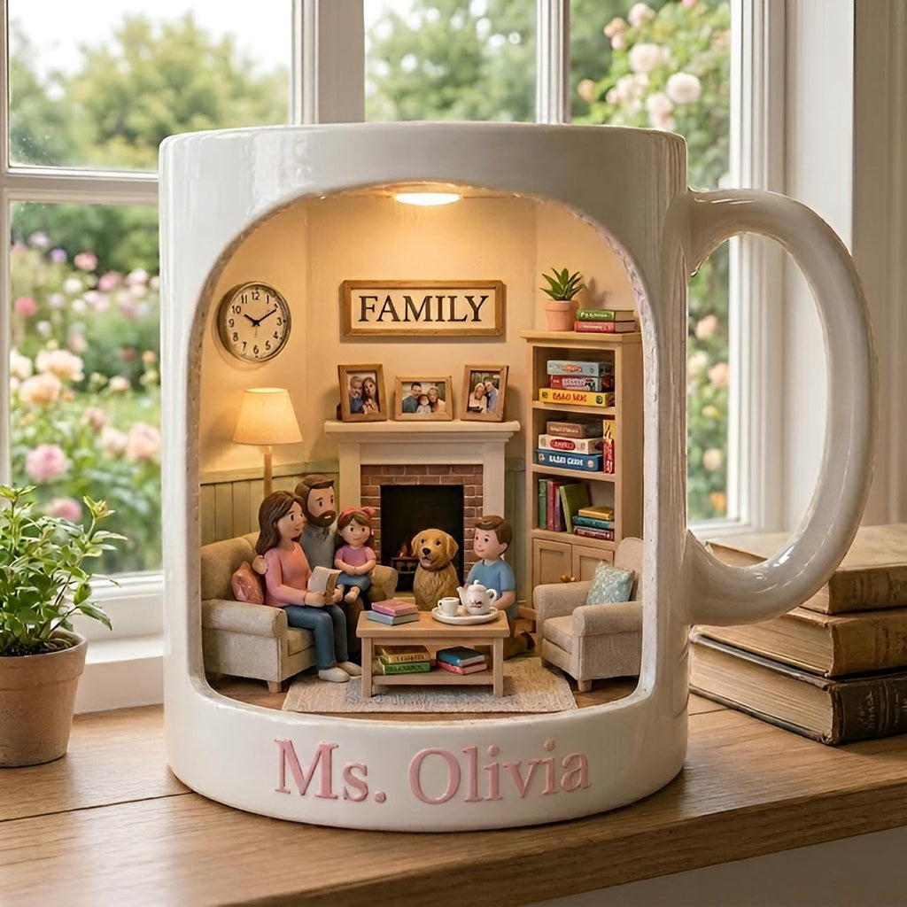 Personalized Family Mug,Custom Name Coffee Cup,Cozy Miniature Home Scene Design,Unique Gift for Mom Grandma,Warm Family Gathering CeramicCup
