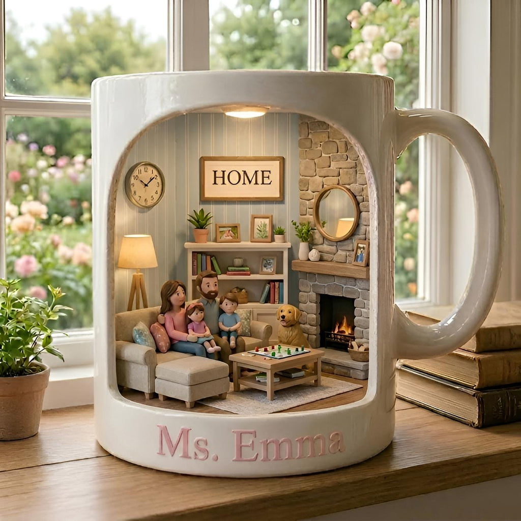 Personalized Family Mug,Custom Name Coffee Cup,Cozy Miniature Home Scene Design,Unique Gift for Mom Grandma,Warm Family Gathering CeramicCup
