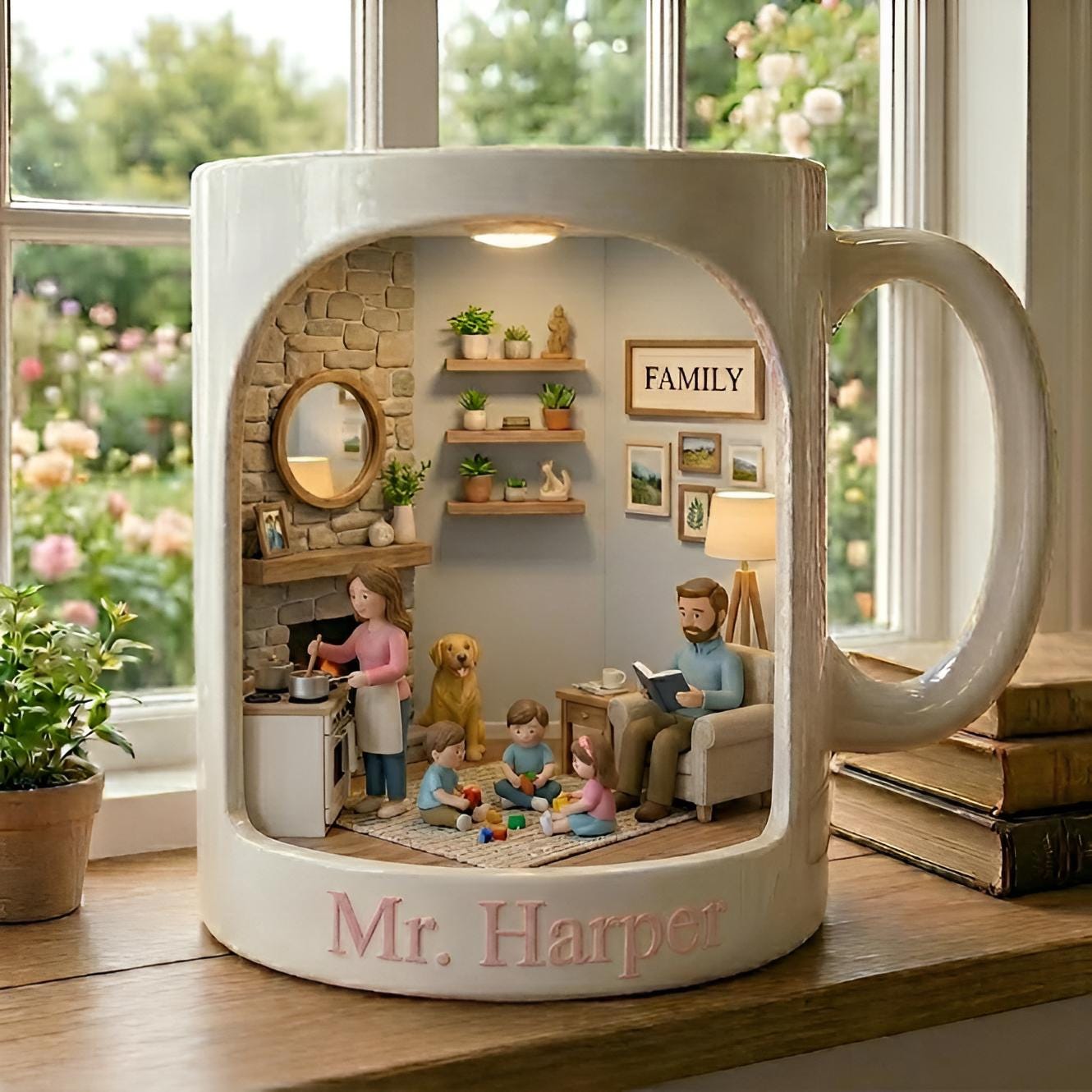 Personalized Family Mug,Custom Name Coffee Cup,Cozy Miniature Home Scene Design,Unique Gift for Mom Grandma,Warm Family Gathering CeramicCup